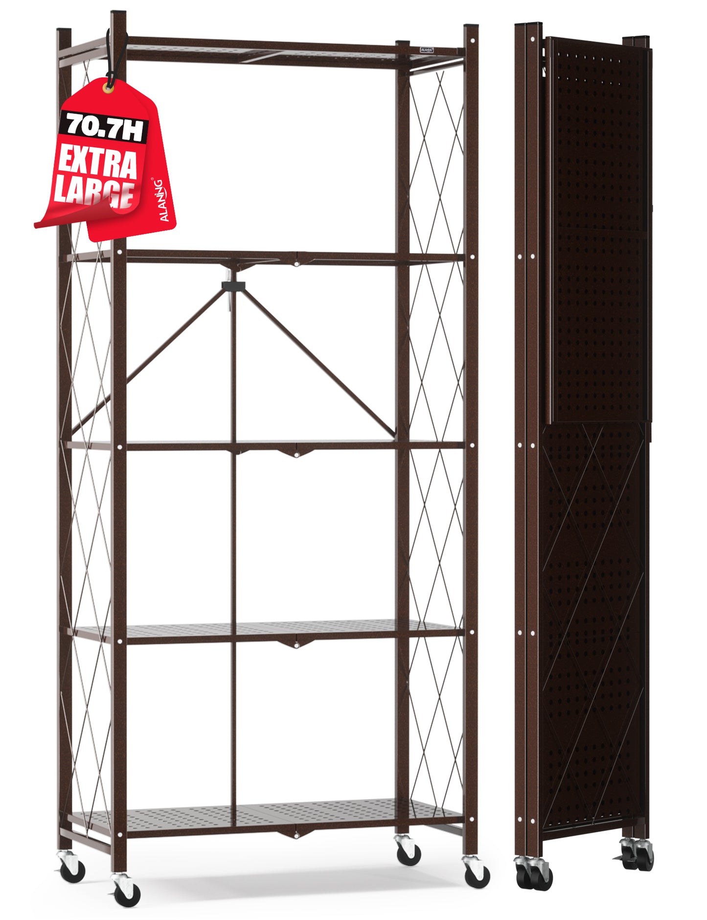 ALANNG 70.7" H Metal Storage Shelves, 5 Tier Folding Shelf on Wheels, Heavy Duty, No Assembly, Rolling, Collapsible Rack Unit for Kitchen, Basement, Pantry,Brown