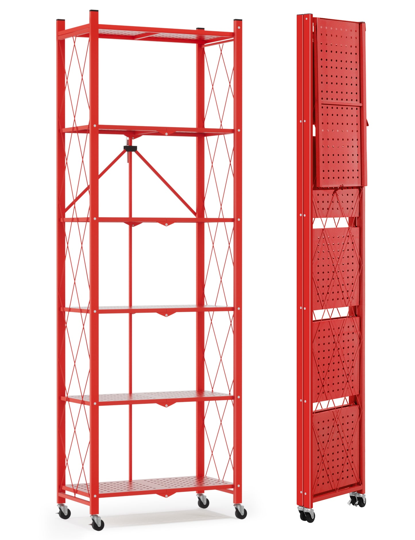 6-tier No Assembly Metal Folding Bookshelves Rack On Wheels For Office, Pantry, Kitchen, Living Room, Bedroom, Classroom, Standing Shelf,4 Colors