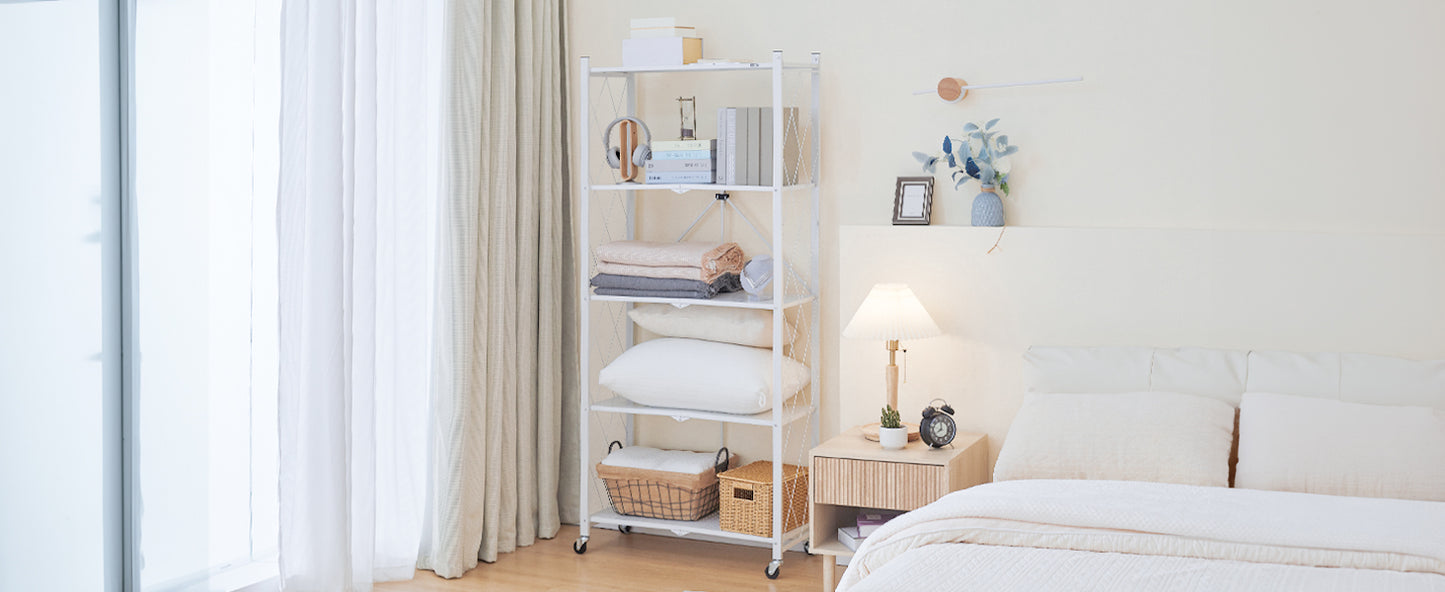 EXTRA LARGE | Foldable Metal Storage Shelf with Wheels, 5 Shelves, White| 70.7 In. H x 31.5 In. W x 13.7 In. D