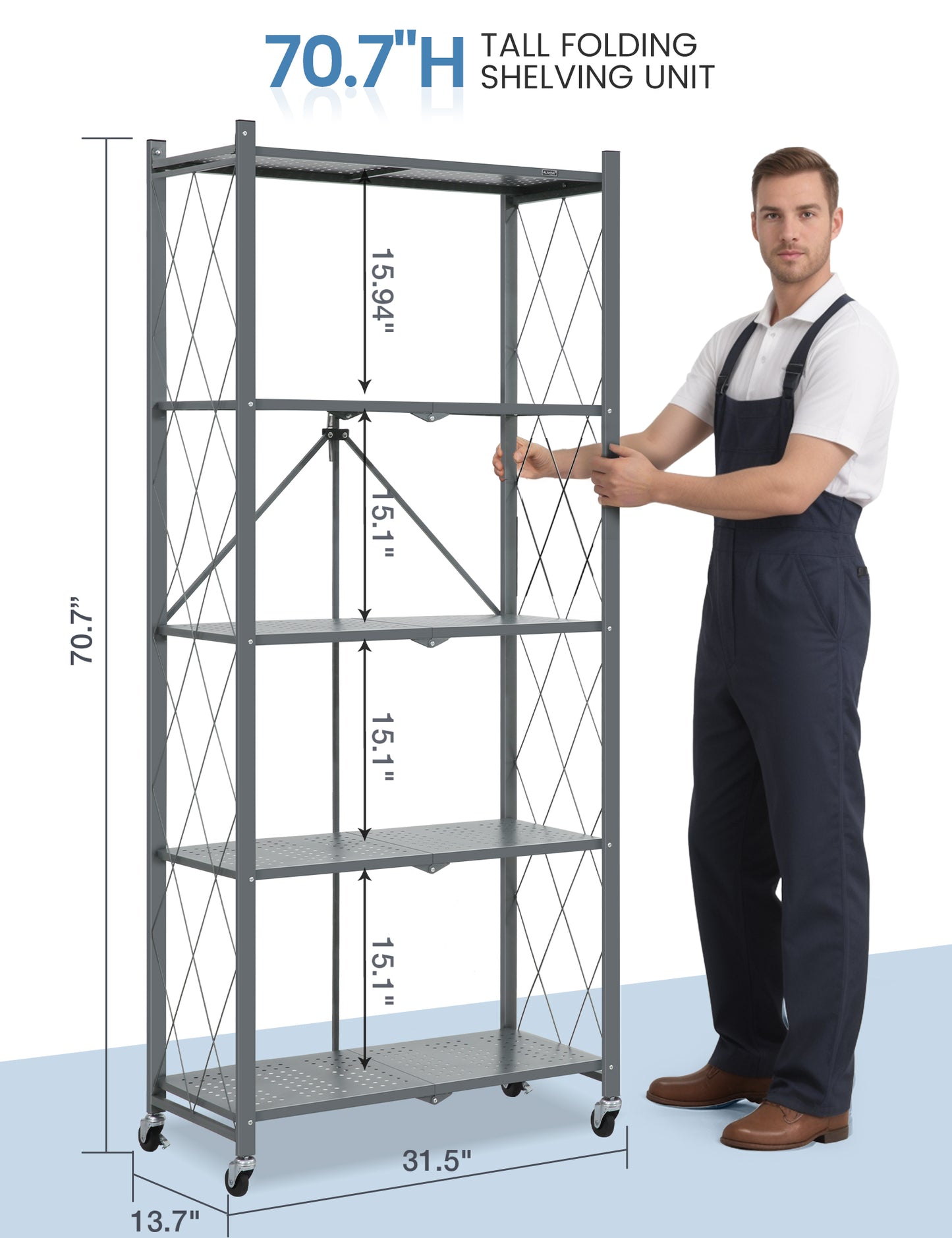 EXTRA LARGE | Foldable Metal Storage Shelf with Wheels, 5 Shelves | 70.7 In. H x 31.5 In. W x 13.7 In. D