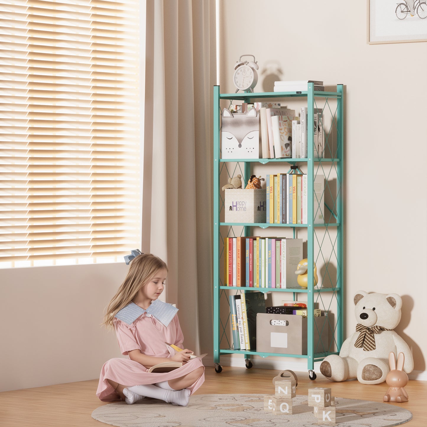 ALANNG 2-Pack Folding Bookshelf on Wheels, 5-Tier Cute Rolling Shelves for Bedroom, Colorful Storage Cart for Kids Rooms, Nursery, No Assembly Metal Book Shelf