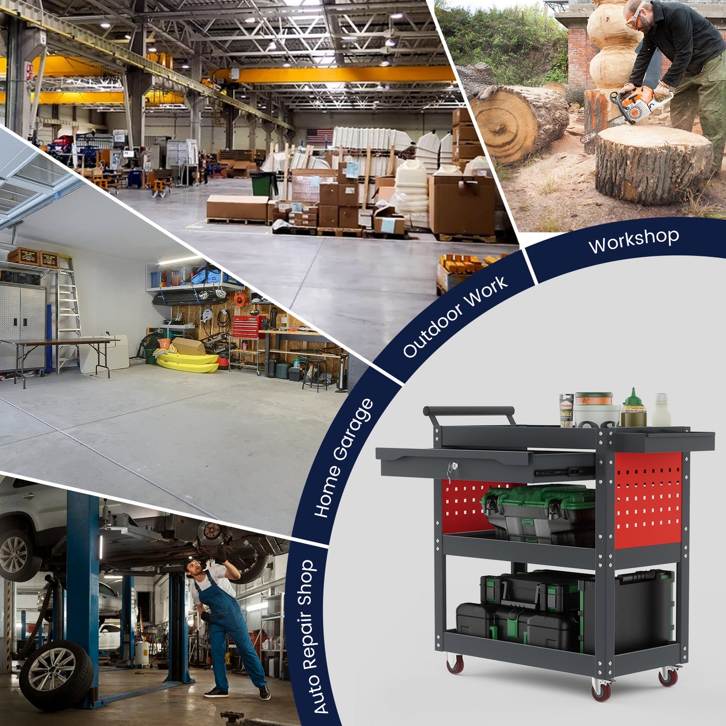 ALANNG 330 LBS Rolling Tool Cart with 1 Drawer & 3 Shelves | Heavy Duty Mechanic Cart Includes 7 Hooks, 2 Pegboards & Screw Organizer | Metal Service Cart for Garage Workshop