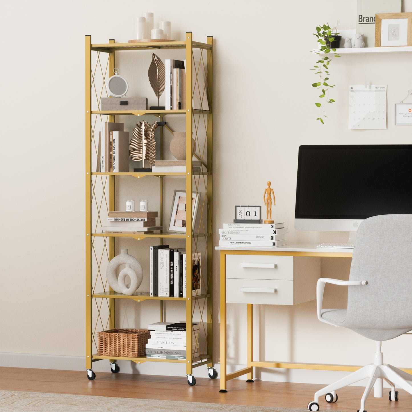 6-tier No Assembly Metal Folding Bookshelves Rack On Wheels For Office, Pantry, Kitchen, Living Room, Bedroom, Classroom, Standing Shelf,4 Colors