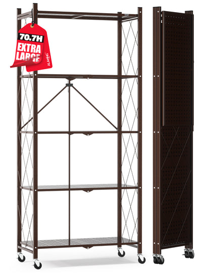 ALANNG 70.7" H Metal Storage Shelves, 5 Tier Folding Shelf on Wheels, Heavy Duty, No Assembly, Rolling, Collapsible Rack Unit for Kitchen, Basement, Pantry,Brown