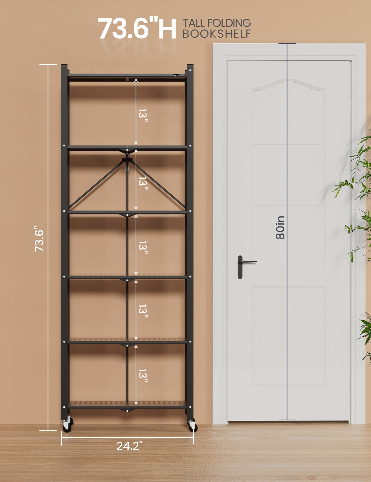 6-tier No Assembly Metal Folding Bookshelves Rack On Wheels For Office, Pantry, Kitchen, Living Room, Bedroom, Classroom, Standing Shelf,4 Colors