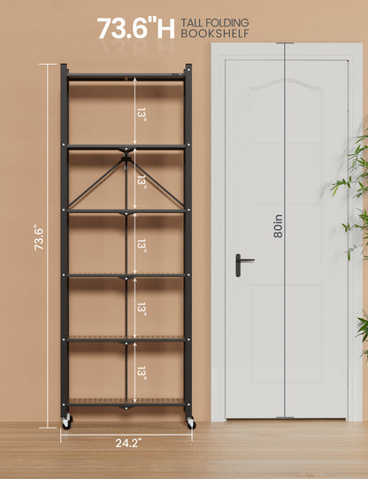 6-tier No Assembly Metal Folding Bookshelves Rack On Wheels For Office, Pantry, Kitchen, Living Room, Bedroom, Classroom, Standing Shelf,4 Colors