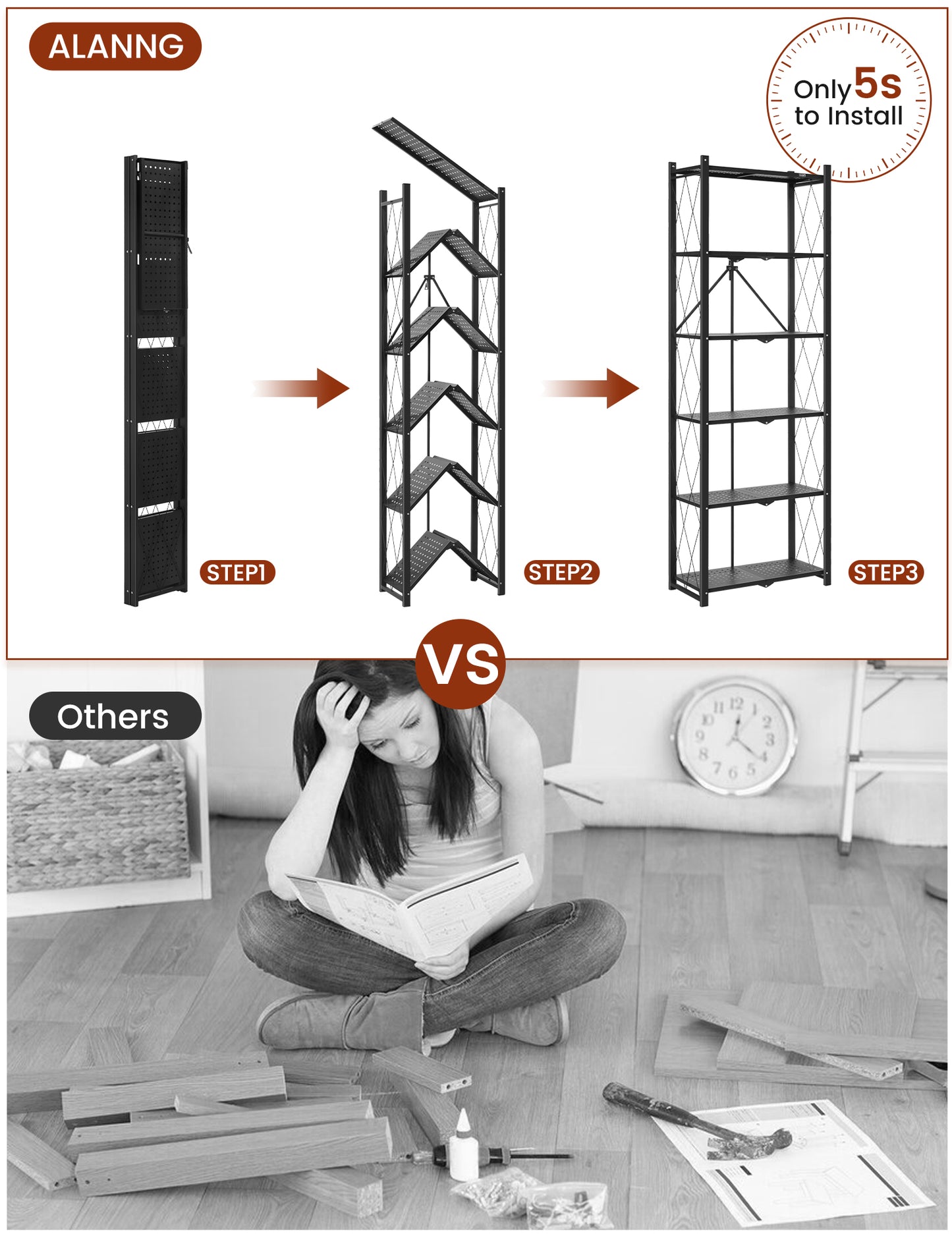 6-tier No Assembly Metal Folding Bookshelves Rack On Wheels For Office, Pantry, Kitchen, Living Room, Bedroom, Classroom, Standing Shelf,4 Colors