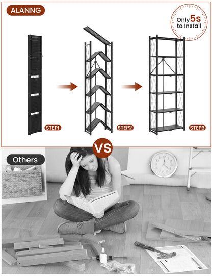 6-tier No Assembly Metal Folding Bookshelves Rack On Wheels For Office, Pantry, Kitchen, Living Room, Bedroom, Classroom, Standing Shelf,4 Colors