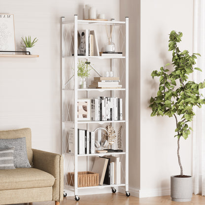 6-tier No Assembly Metal Folding Bookshelves Rack On Wheels For Office, Pantry, Kitchen, Living Room, Bedroom, Classroom, Standing Shelf,4 Colors
