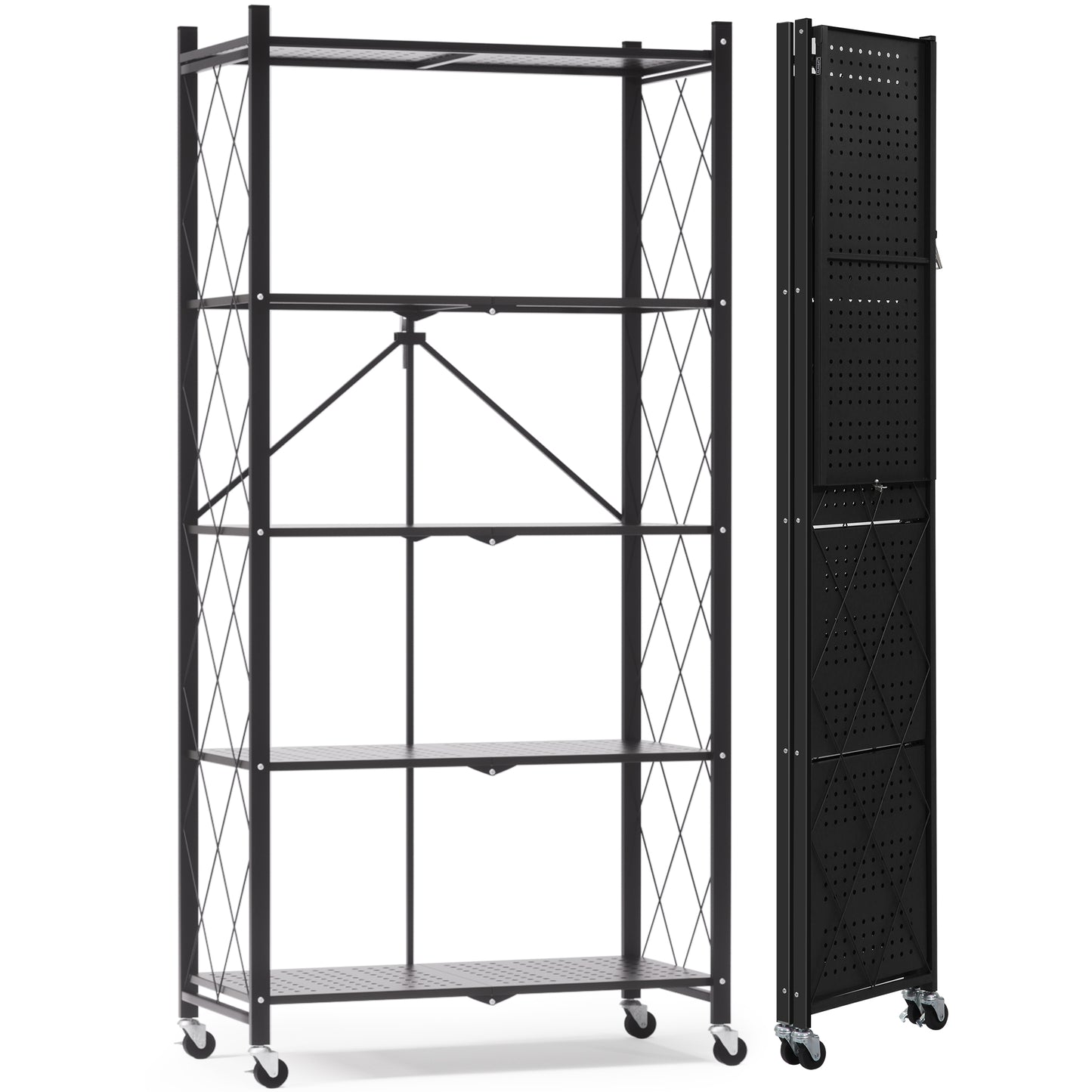 EXTRA LARGE | Foldable Metal Storage Shelf with Wheels, 5 Shelves, Black| 70.7 In. H x 31.5 In. W x 13.7 In. D