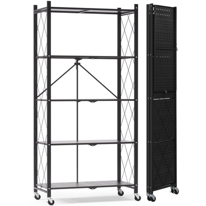 EXTRA LARGE | Foldable Metal Storage Shelf with Wheels, 5 Shelves, Black| 70.7 In. H x 31.5 In. W x 13.7 In. D