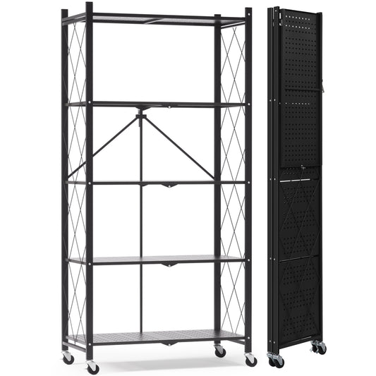 EXTRA LARGE | Foldable Metal Storage Shelf with Wheels, 5 Shelves | 70.7 In. H x 31.5 In. W x 13.7 In. D