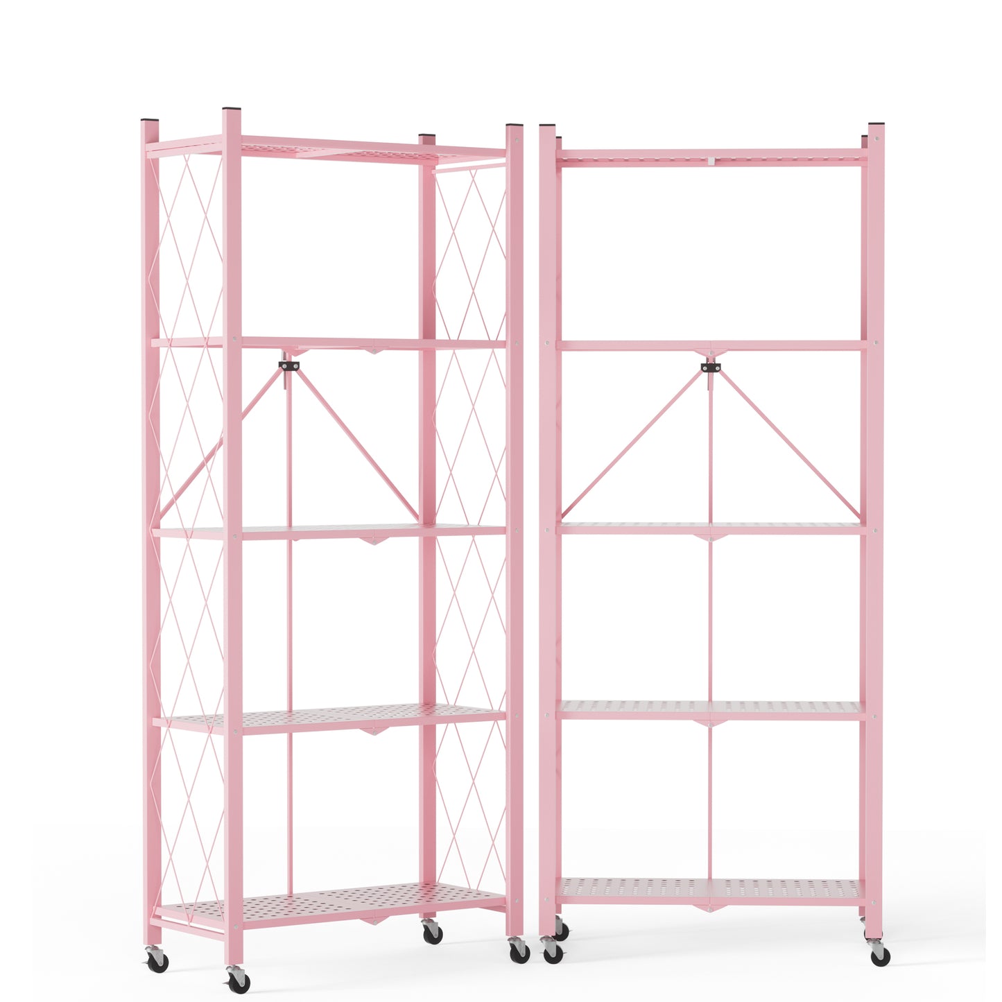 2-Pack | Foldable Metal Storage Shelf with Wheels, 5 Shelves | 46 In. H x 11.6 In. W x 13.7 In. D