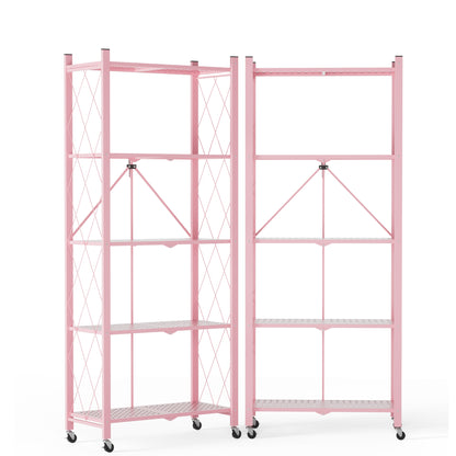 2-Pack | Foldable Metal Storage Shelf with Wheels, 5 Shelves | 46 In. H x 11.6 In. W x 13.7 In. D