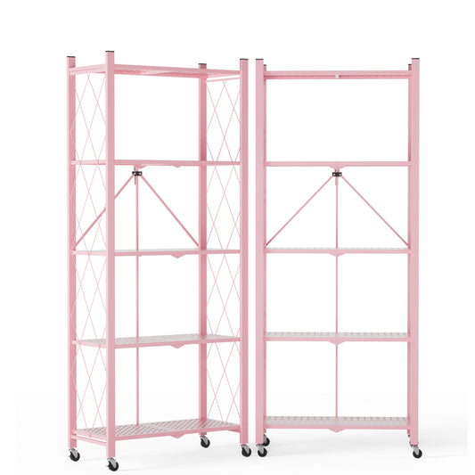2-Pack | Foldable Metal Storage Shelf with Wheels, 5 Shelves | 46 In. H x 11.6 In. W x 13.7 In. D