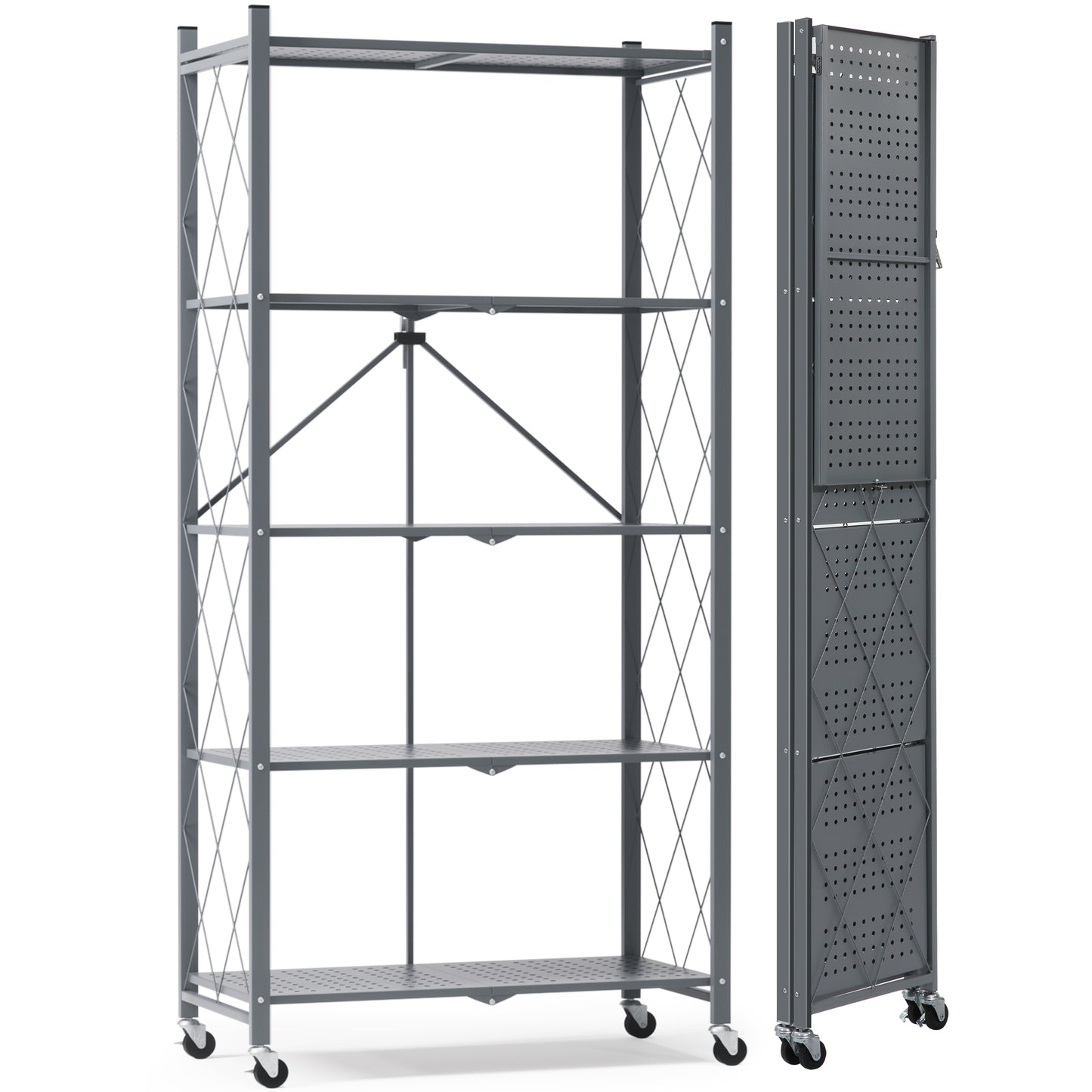EXTRA LARGE | Foldable Metal Storage Shelf with Wheels, 5 Shelves, Grey| 70.7 In. H x 31.5 In. W x 13.7 In. D