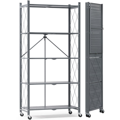 EXTRA LARGE | Foldable Metal Storage Shelf with Wheels, 5 Shelves, Grey| 70.7 In. H x 31.5 In. W x 13.7 In. D