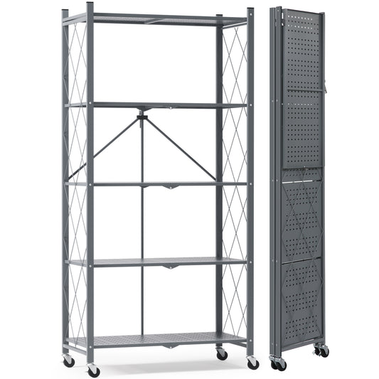 EXTRA LARGE | Foldable Metal Storage Shelf with Wheels, 5 Shelves, Grey| 70.7 In. H x 31.5 In. W x 13.7 In. D