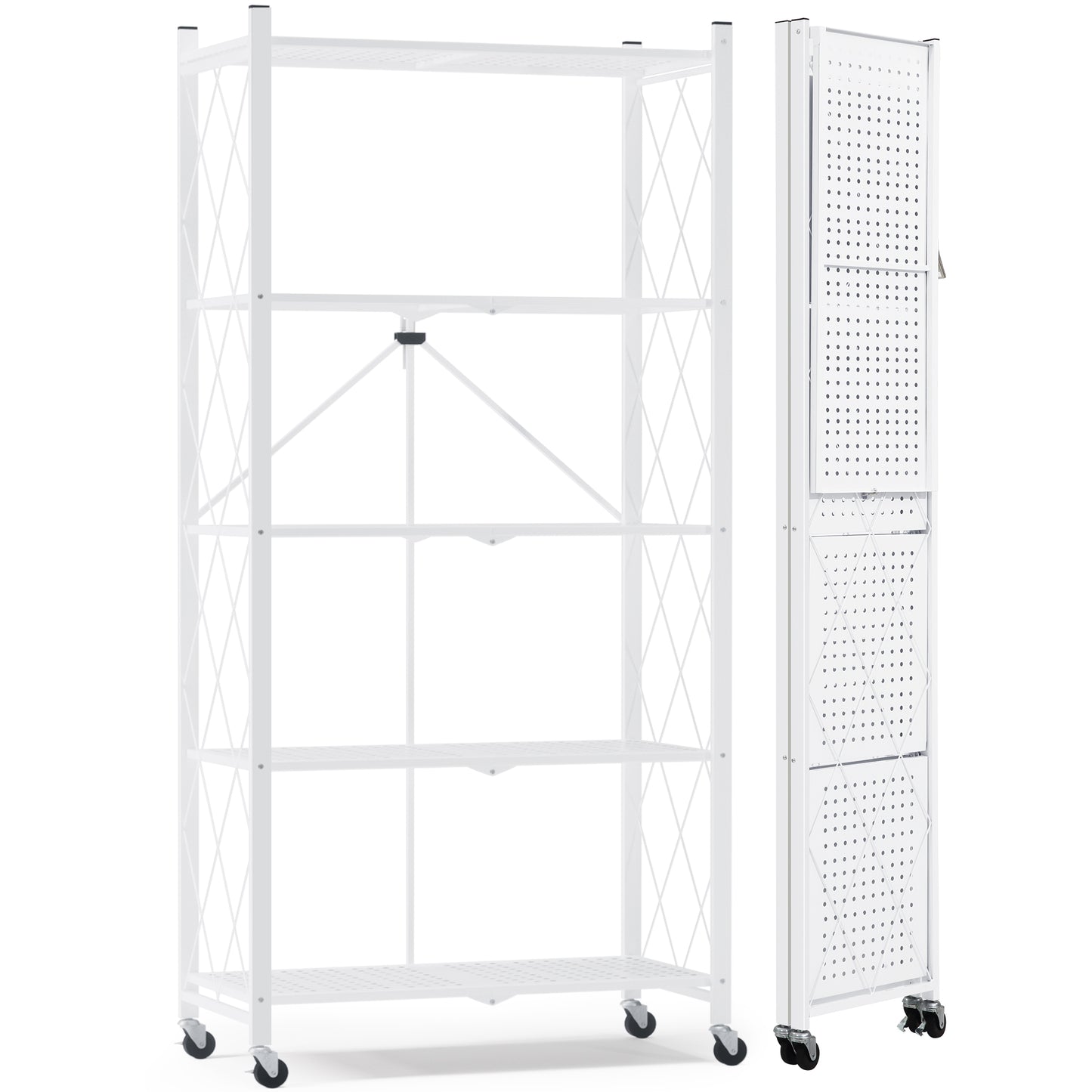 EXTRA LARGE | Foldable Metal Storage Shelf with Wheels, 5 Shelves, White| 70.7 In. H x 31.5 In. W x 13.7 In. D