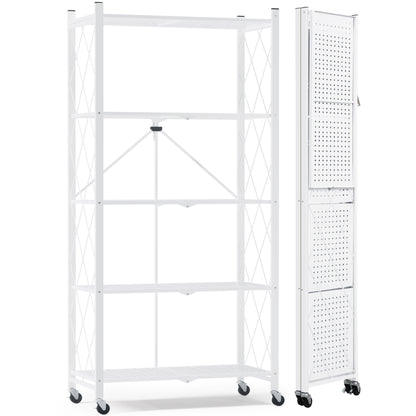 EXTRA LARGE | Foldable Metal Storage Shelf with Wheels, 5 Shelves, White| 70.7 In. H x 31.5 In. W x 13.7 In. D