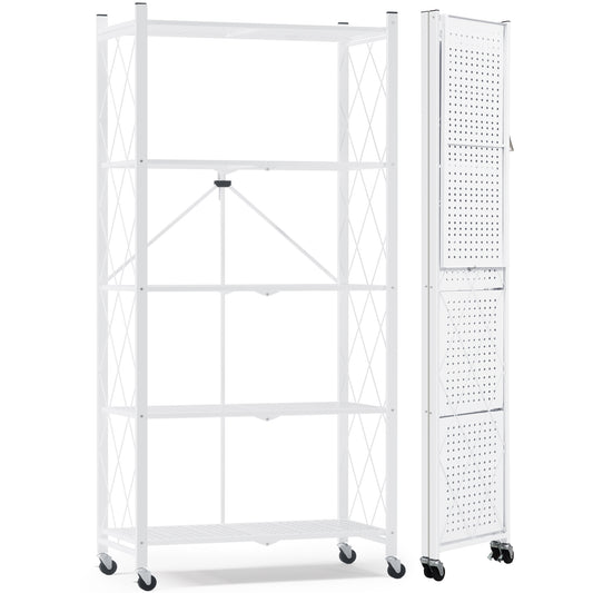 EXTRA LARGE | Foldable Metal Storage Shelf with Wheels, 5 Shelves, White| 70.7 In. H x 31.5 In. W x 13.7 In. D