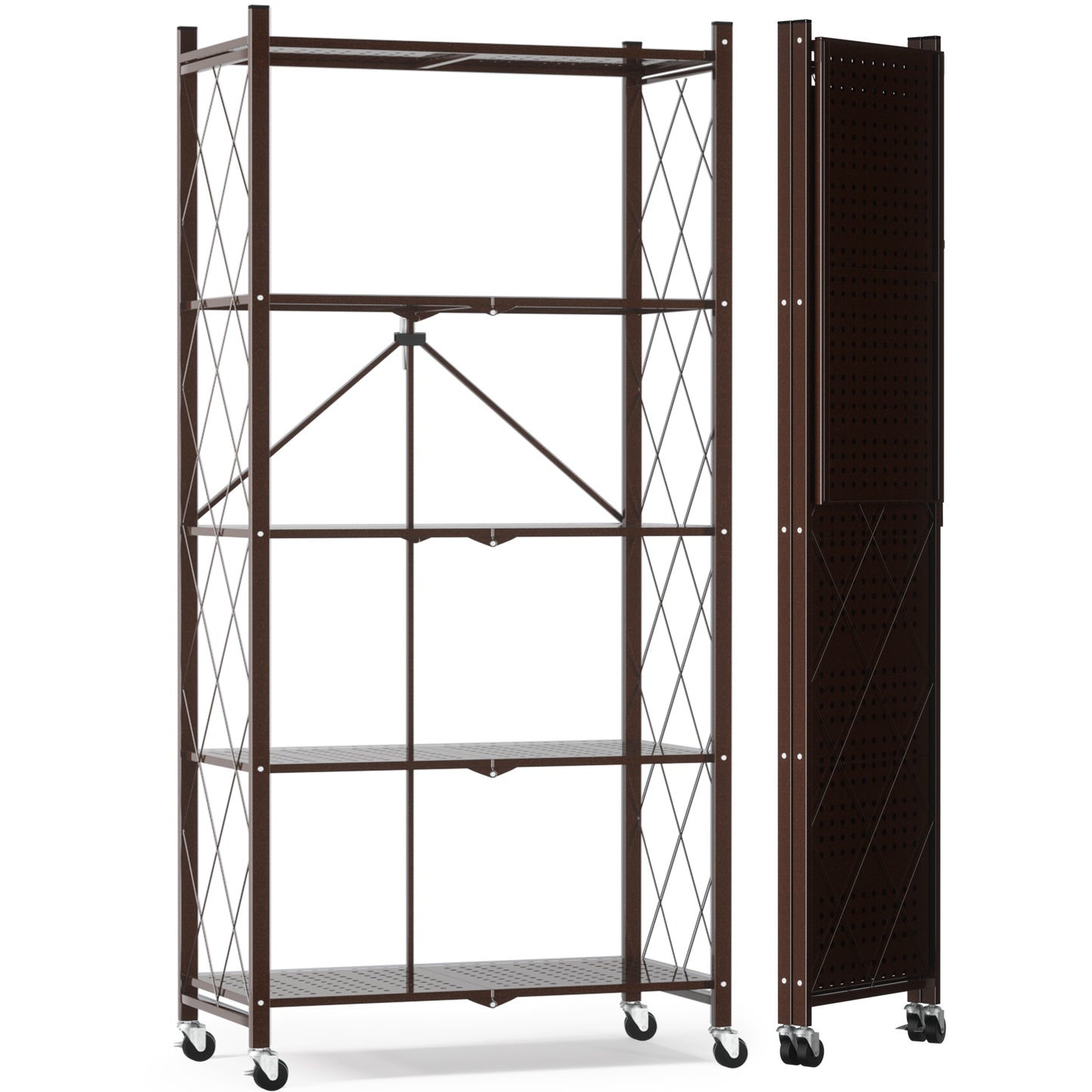 EXTRA LARGE | Foldable Metal Storage Shelf with Wheels, 5 Shelves, Brown| 70.7 In. H x 31.5 In. W x 13.7 In. D