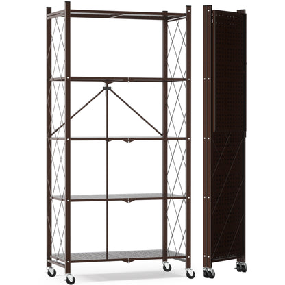 EXTRA LARGE | Foldable Metal Storage Shelf with Wheels, 5 Shelves, Brown| 70.7 In. H x 31.5 In. W x 13.7 In. D
