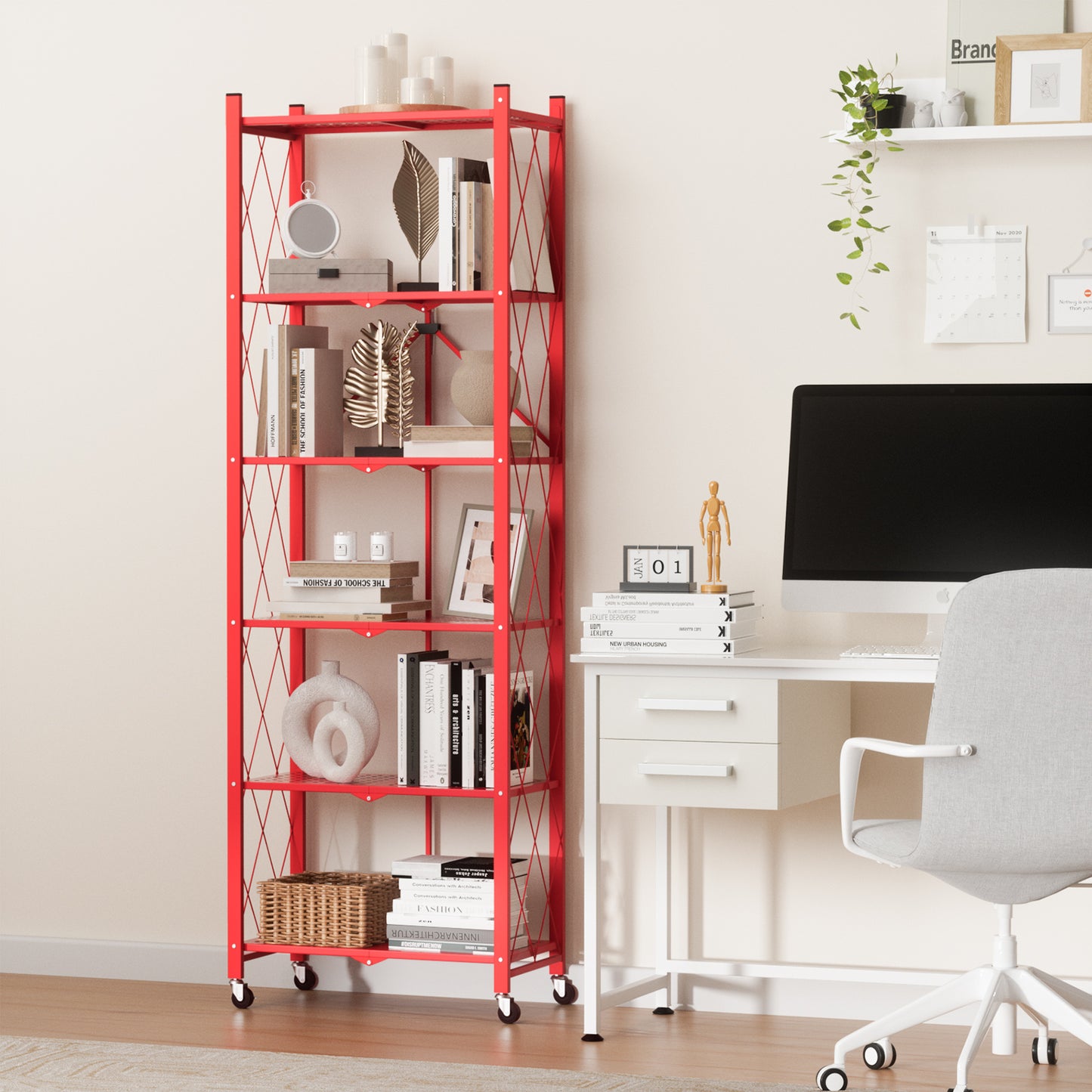 6-tier No Assembly Metal Folding Bookshelves Rack On Wheels For Office, Pantry, Kitchen, Living Room, Bedroom, Classroom, Standing Shelf,4 Colors