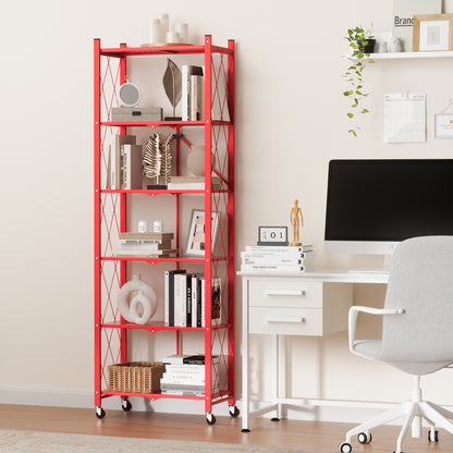6-tier No Assembly Metal Folding Bookshelves Rack On Wheels For Office, Pantry, Kitchen, Living Room, Bedroom, Classroom, Standing Shelf,4 Colors