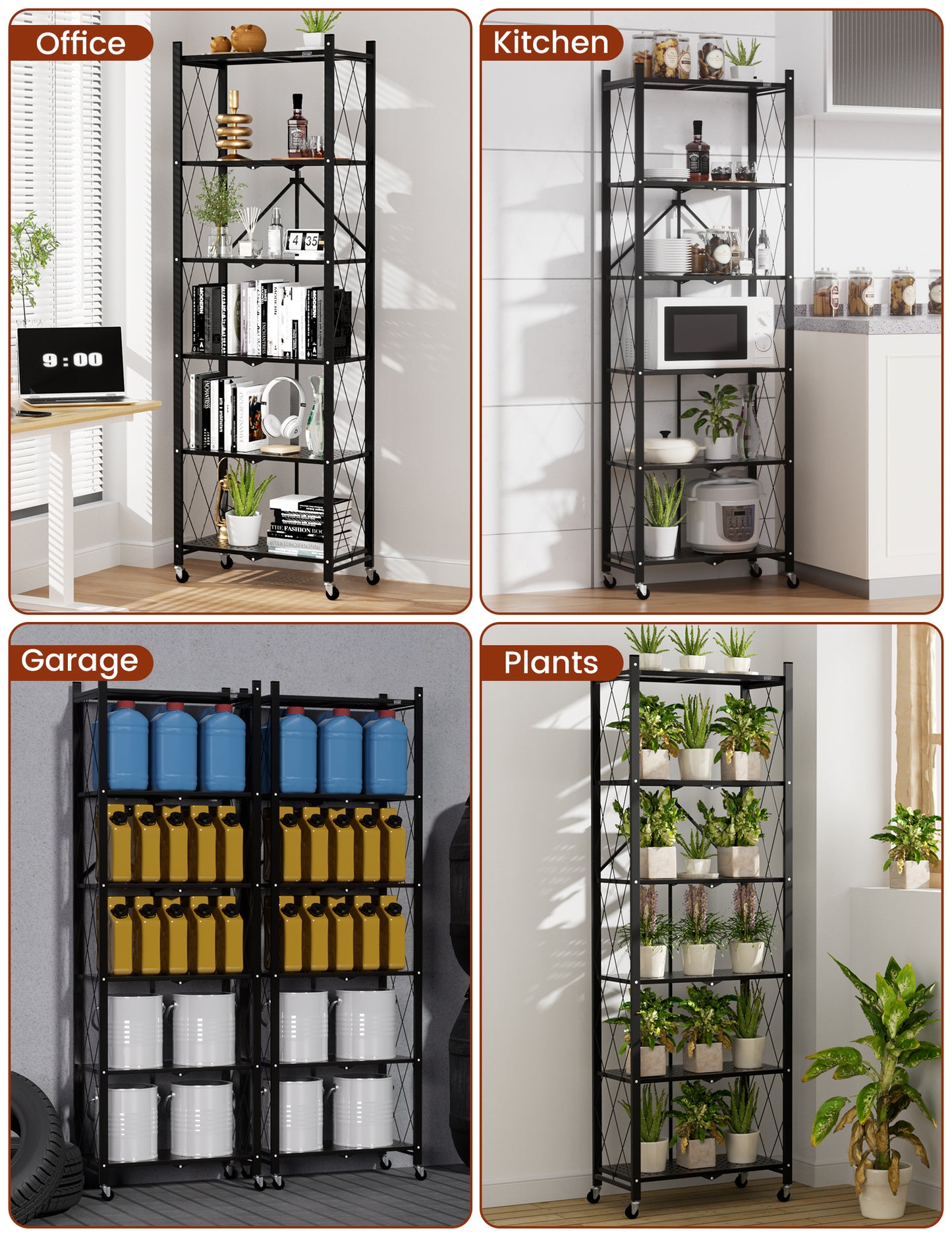 6-tier No Assembly Metal Folding Bookshelves Rack On Wheels For Office, Pantry, Kitchen, Living Room, Bedroom, Classroom, Standing Shelf,4 Colors