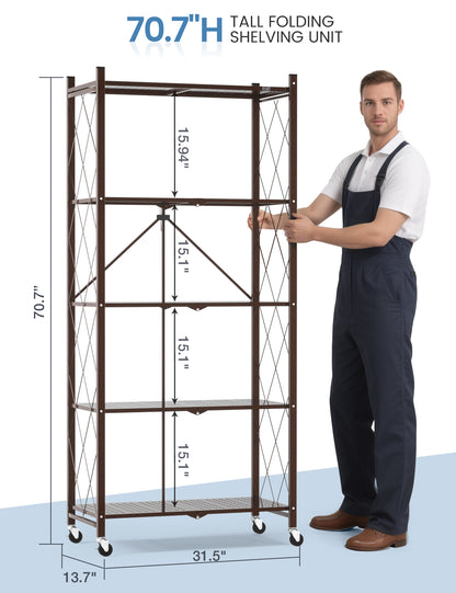 ALANNG 70.7" H Metal Storage Shelves, 5 Tier Folding Shelf on Wheels, Heavy Duty, No Assembly, Rolling, Collapsible Rack Unit for Kitchen, Basement, Pantry,Brown
