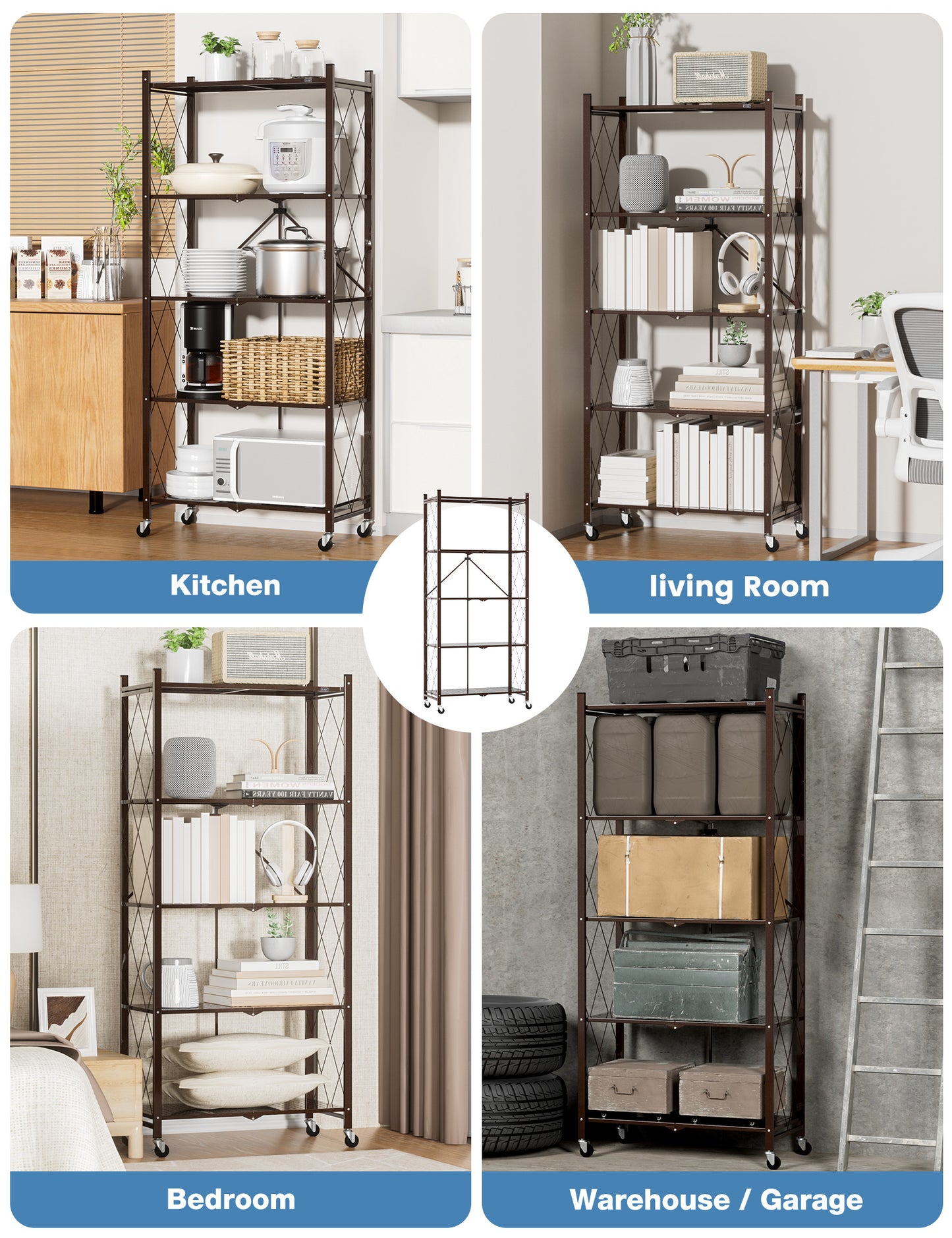 ALANNG 70.7" H Metal Storage Shelves, 5 Tier Folding Shelf on Wheels, Heavy Duty, No Assembly, Rolling, Collapsible Rack Unit for Kitchen, Basement, Pantry,Brown