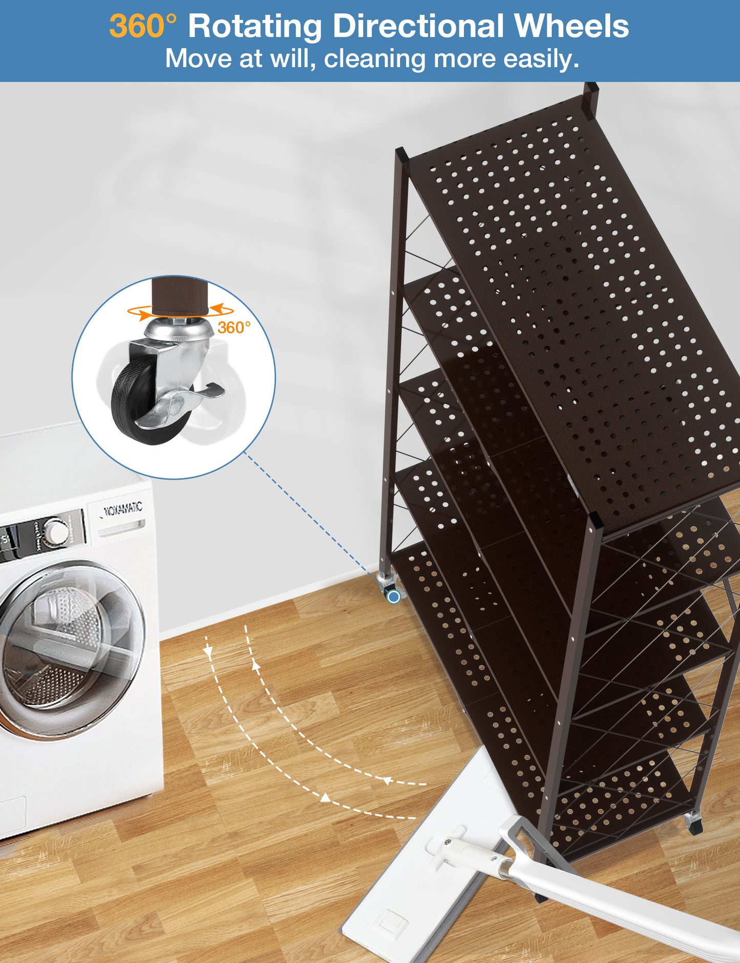 ALANNG 70.7" H Metal Storage Shelves, 5 Tier Folding Shelf on Wheels, Heavy Duty, No Assembly, Rolling, Collapsible Rack Unit for Kitchen, Basement, Pantry,Brown