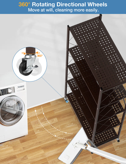 ALANNG 70.7" H Metal Storage Shelves, 5 Tier Folding Shelf on Wheels, Heavy Duty, No Assembly, Rolling, Collapsible Rack Unit for Kitchen, Basement, Pantry,Brown