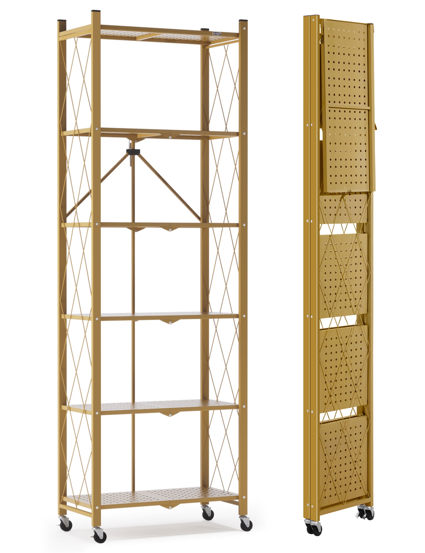 6-tier No Assembly Metal Folding Bookshelves Rack On Wheels For Office, Pantry, Kitchen, Living Room, Bedroom, Classroom, Standing Shelf,4 Colors