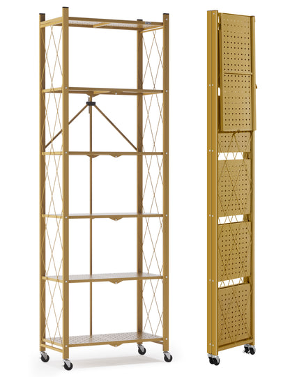 6-tier No Assembly Metal Folding Bookshelves Rack On Wheels For Office, Pantry, Kitchen, Living Room, Bedroom, Classroom, Standing Shelf,4 Colors