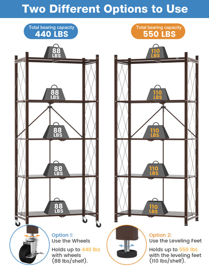 ALANNG 70.7" H Metal Storage Shelves, 5 Tier Folding Shelf on Wheels, Heavy Duty, No Assembly, Rolling, Collapsible Rack Unit for Kitchen, Basement, Pantry,4 Colors