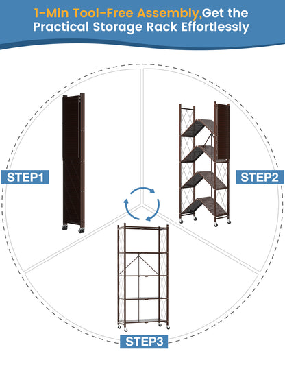 ALANNG 70.7" H Metal Storage Shelves, 5 Tier Folding Shelf on Wheels, Heavy Duty, No Assembly, Rolling, Collapsible Rack Unit for Kitchen, Basement, Pantry,Brown