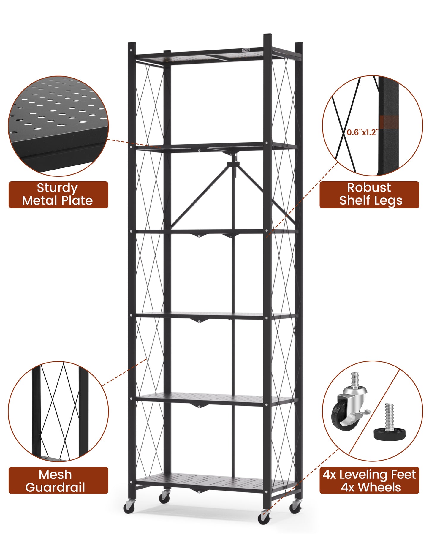 6-tier No Assembly Metal Folding Bookshelves Rack On Wheels For Office, Pantry, Kitchen, Living Room, Bedroom, Classroom, Standing Shelf,4 Colors