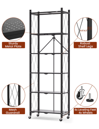 6-tier No Assembly Metal Folding Bookshelves Rack On Wheels For Office, Pantry, Kitchen, Living Room, Bedroom, Classroom, Standing Shelf,4 Colors