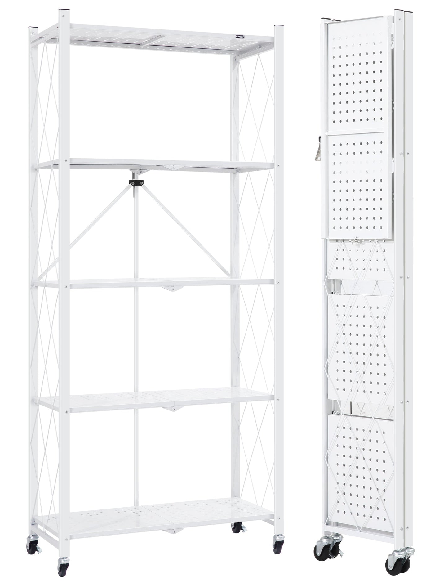 ALANNG Metal Shelves for Storage, 5 Tier Folding Storage Shelves on Wheels, No Assembly Storage Rack for Kitchen White