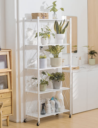 ALANNG Metal Shelves for Storage, 5 Tier Folding Storage Shelves on Wheels, No Assembly Storage Rack for Kitchen White