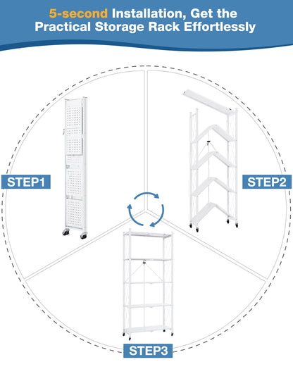 ALANNG Metal Shelves for Storage, 5 Tier Folding Storage Shelves on Wheels, No Assembly Storage Rack for Kitchen White