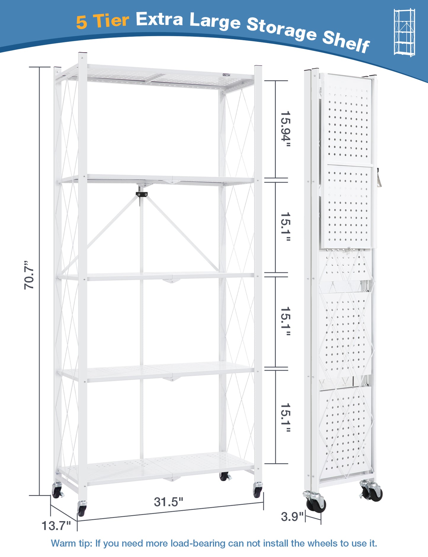 ALANNG Metal Shelves for Storage, 5 Tier Folding Storage Shelves on Wheels, No Assembly Storage Rack for Kitchen White