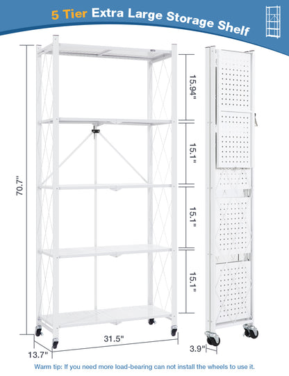 ALANNG Metal Shelves for Storage, 5 Tier Folding Storage Shelves on Wheels, No Assembly Storage Rack for Kitchen White