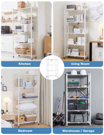 ALANNG Metal Shelves for Storage, 5 Tier Folding Storage Shelves on Wheels, No Assembly Storage Rack for Kitchen White