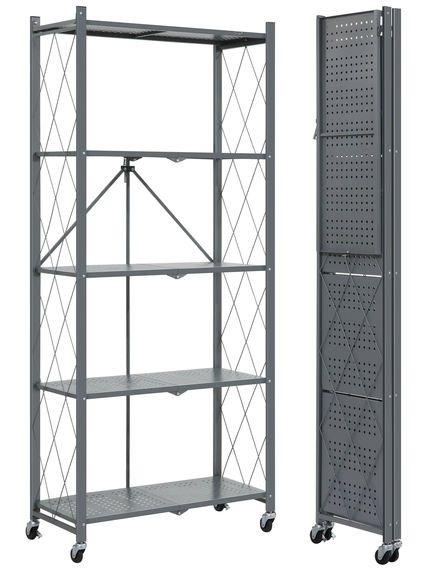 ALANNG Metal Shelves for Storage, 5 Tier Folding Storage Shelves on Wheels, No Assembly Storage Rack for Kitchen Grey