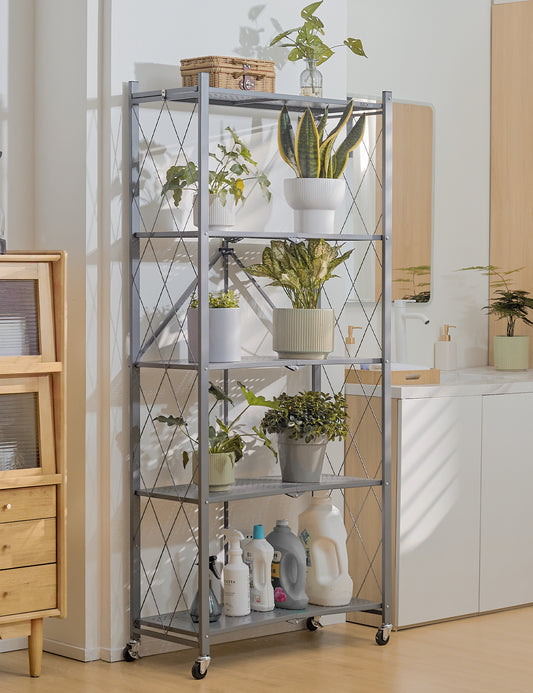 ALANNG Metal Shelves for Storage, 5 Tier Folding Storage Shelves on Wheels, No Assembly Storage Rack for Kitchen Grey