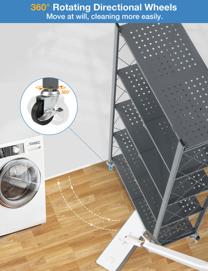 ALANNG 70.7" H Metal Storage Shelves, 5 Tier Folding Shelf on Wheels, Heavy Duty, No Assembly, Rolling, Collapsible Rack Unit for Kitchen, Basement, Pantry,4 Colors