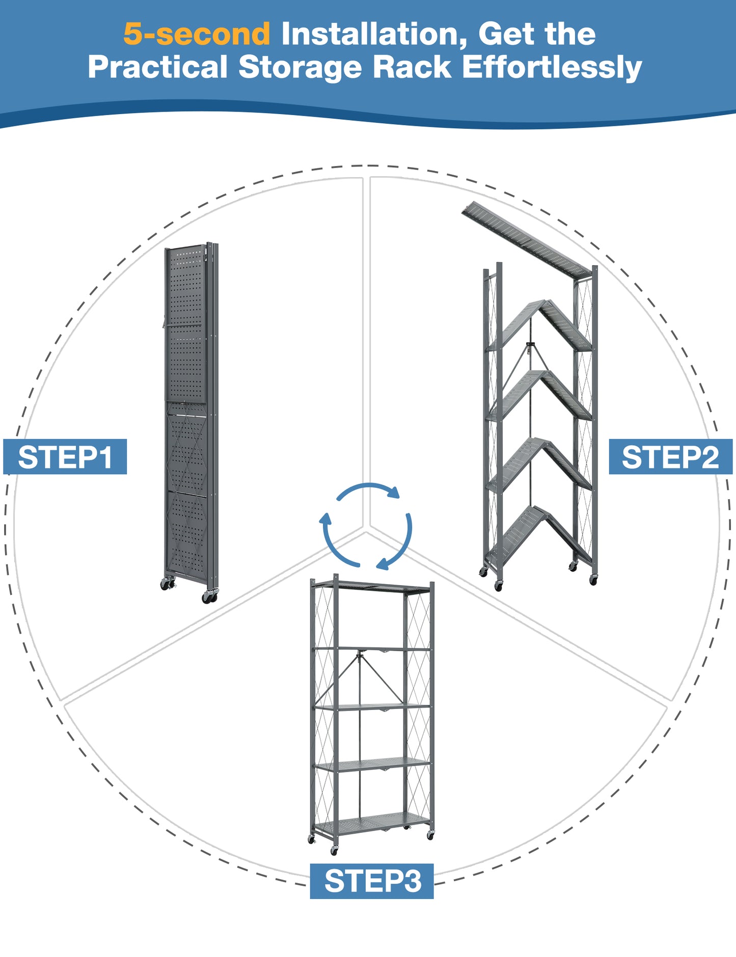 ALANNG Metal Shelves for Storage, 5 Tier Folding Storage Shelves on Wheels, No Assembly Storage Rack for Kitchen Grey